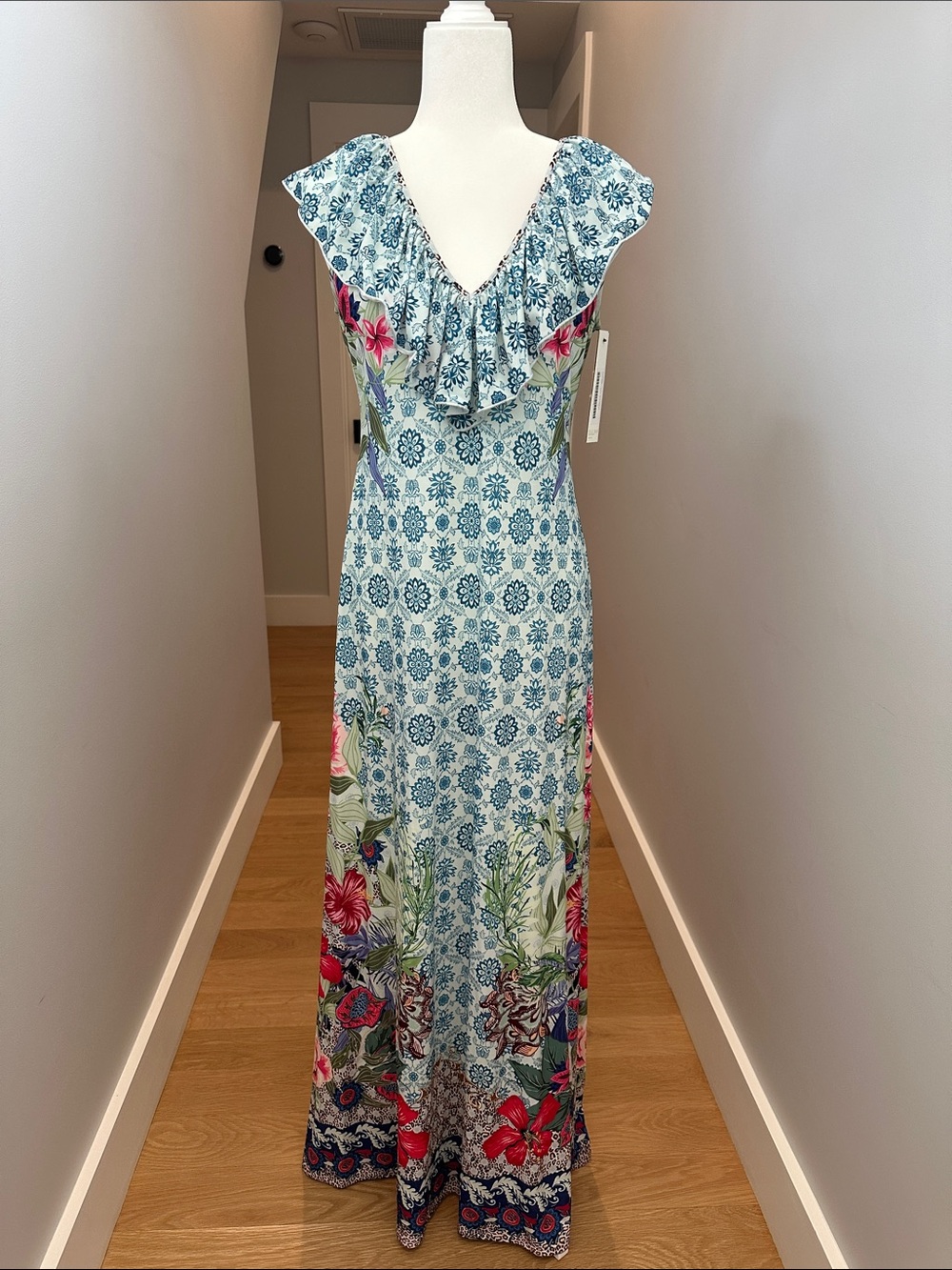 Hale Bob Light Blue Floral Maxi with Pink & Green Border